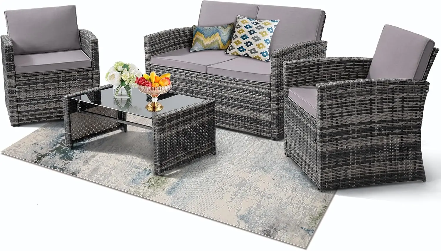 Outdoor Furniture Loveseat - 4-teiliges Gartenmöbel-Set, Outdoor-Konversationsset aus Rattan |
